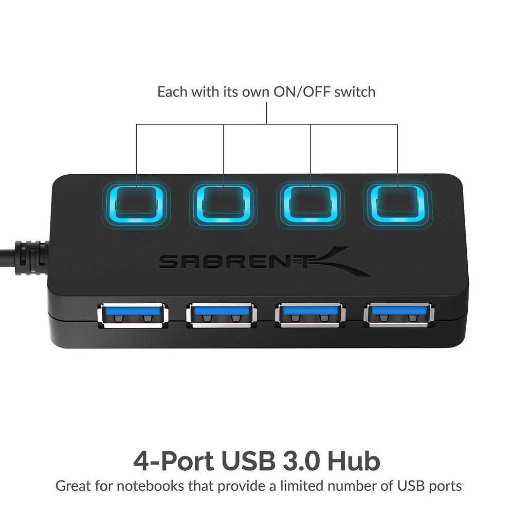 4-Port USB 3.0 Hub with Individual LED Power Switches - Slim, Portable Design - 2 Ft Cable - Fast Data Transfer - Compatible with Mac & PC (HB-UM43)