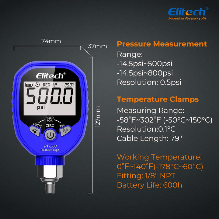 Digital AC Gauge Set HVAC Gauges APP Monitoring with Temperature Clamps 1/8'' NPT, PT-500&PT-800