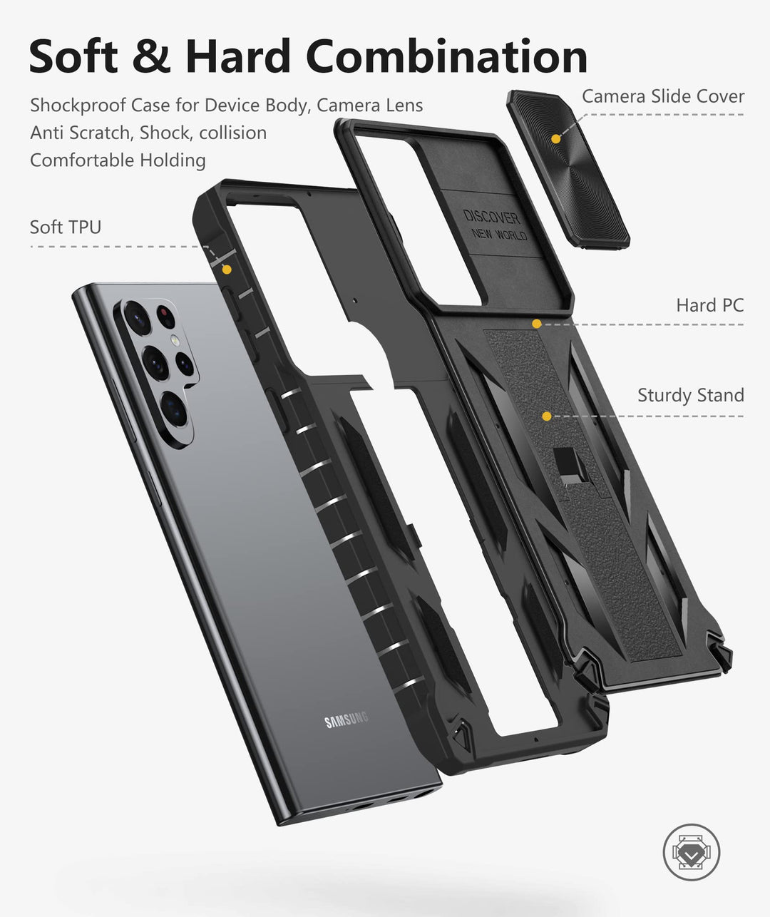 for Samsung Galaxy S22 Ultra Case: Rugged Protective S22 Ultra 5G Phone Cover with Kickstand & Slide Camera Lens Cover - TPU Shockproof Bumper Textured Matte Design Military-Grade Drop Protection-Red