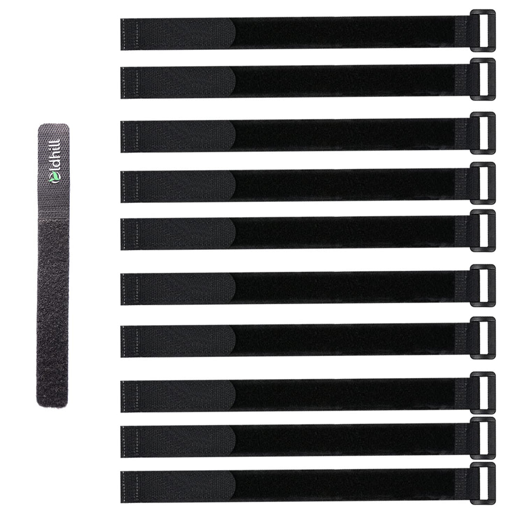 Hook and Loop Cinch Straps Adjustable and Reusable - 10 Pack (18 x 1, Black)