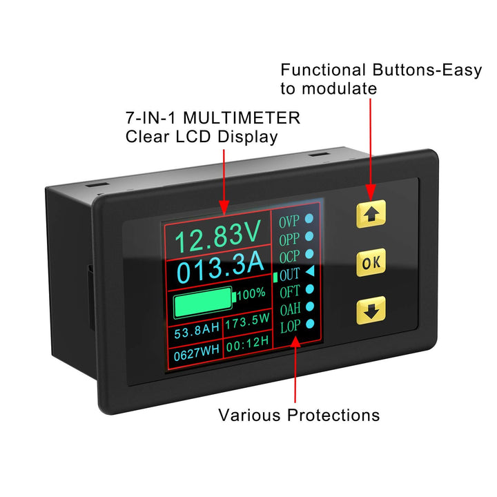 Charge-Discharge Monitor, 0-90V 100A DC Ammeter Voltmeter, Battery Capacity Amp-Hour Watt-Hour Power Time Multimeter, LCD Display Digital Voltage Current AH WH Watt Meter Tester with Hall Se