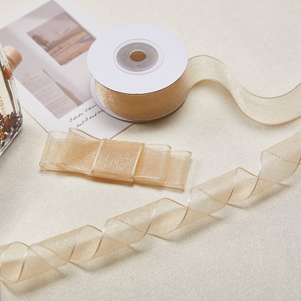 JingleStar Decorative Accessories 1 Inch Sheer Chiffon Ribbon Perfect for Crafts Hair Bows Gift Wrapping Wedding Party Decoration and More (Gold)…