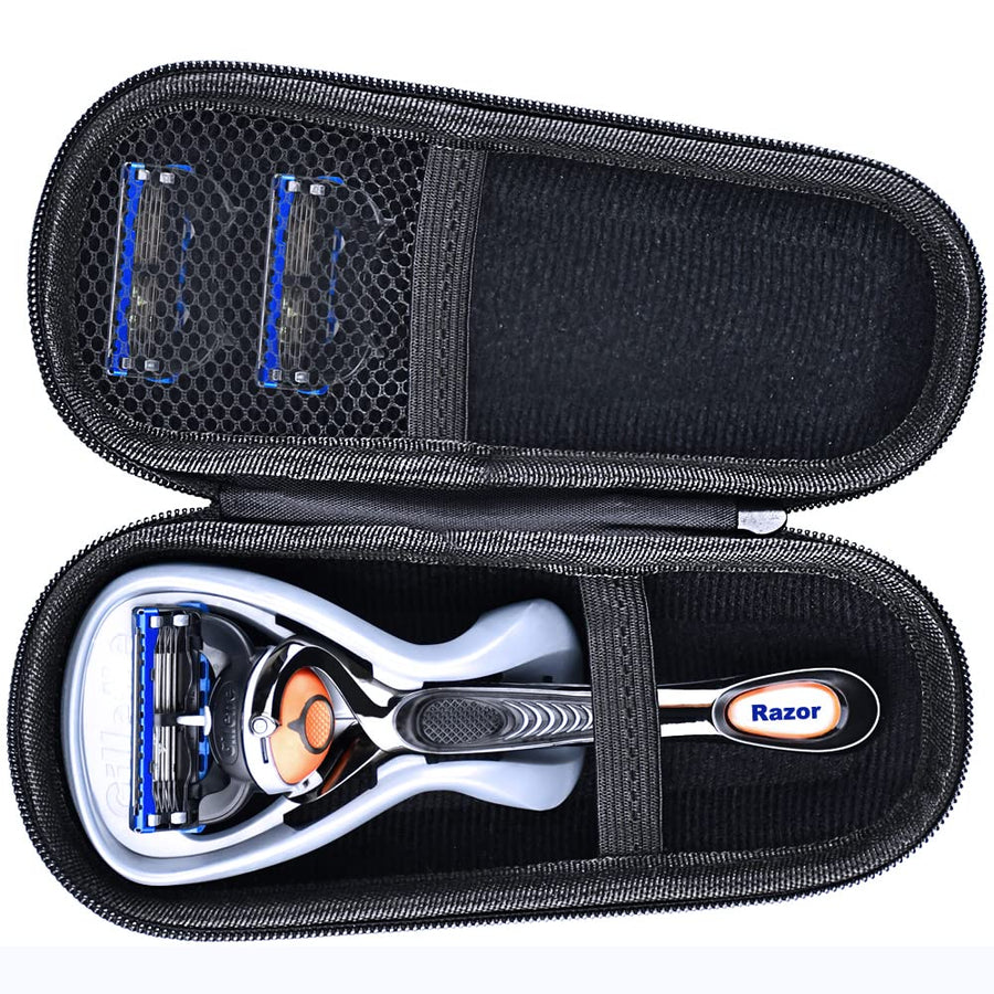 Hard EVA Razor Travel Case Compatible with Gillette Men's Razor - Mesh Pocket for 2 Razor Blades + Lightweight Carrying Handle + Durable Zipper (Only Case) (Black)