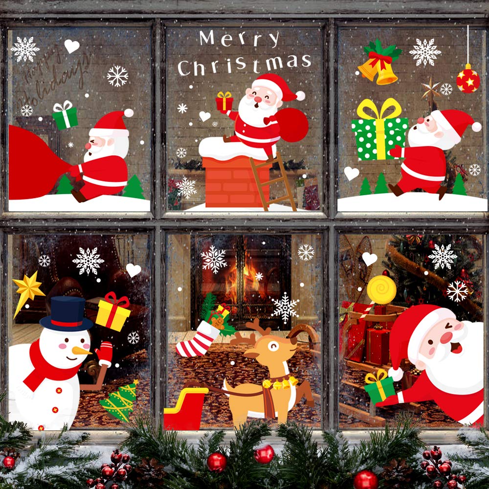161 PCS Christmas Snowflake Window Cling Stickers for Glass, Xmas Decals Decorations Holiday Snowflake Santa Claus Reindeer Decals for Party