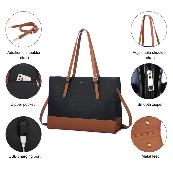 Laptop Bag for Women Work Bag 15.6 inch Large Capacity Computer Tote Handbag Faux Leather Shoulder Bag Purse