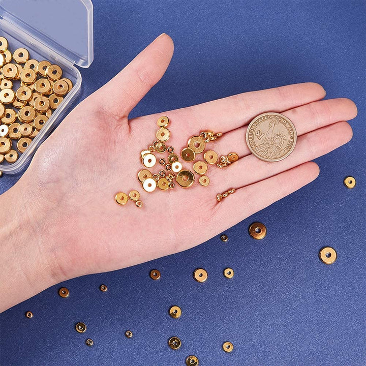 250pcs 5 Size Flat Round Golden Brass Disc Rondelle Spacer Beads Jewelry Metal Spacers for Bracelet Necklace Jewelry Making