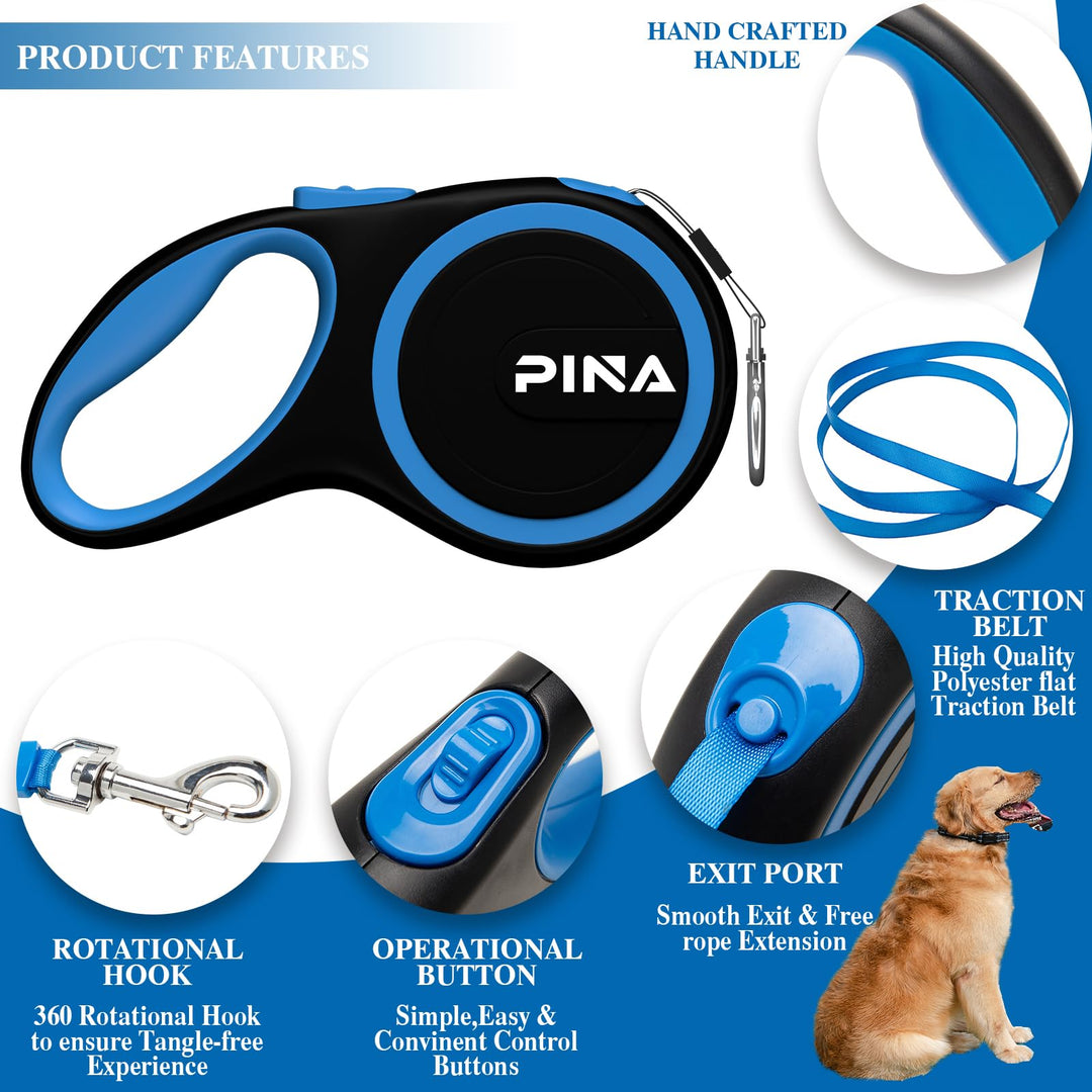 PINA Retractable Dog Leash, 26ft Dog Leash for Small Medium Large Dogs Up to 110lbs, 360° Tangle-Free Strong Reflective Nylon Tape, with Anti-Slip Handle, One-Handed Brake, Pause, Lock - Black Gray