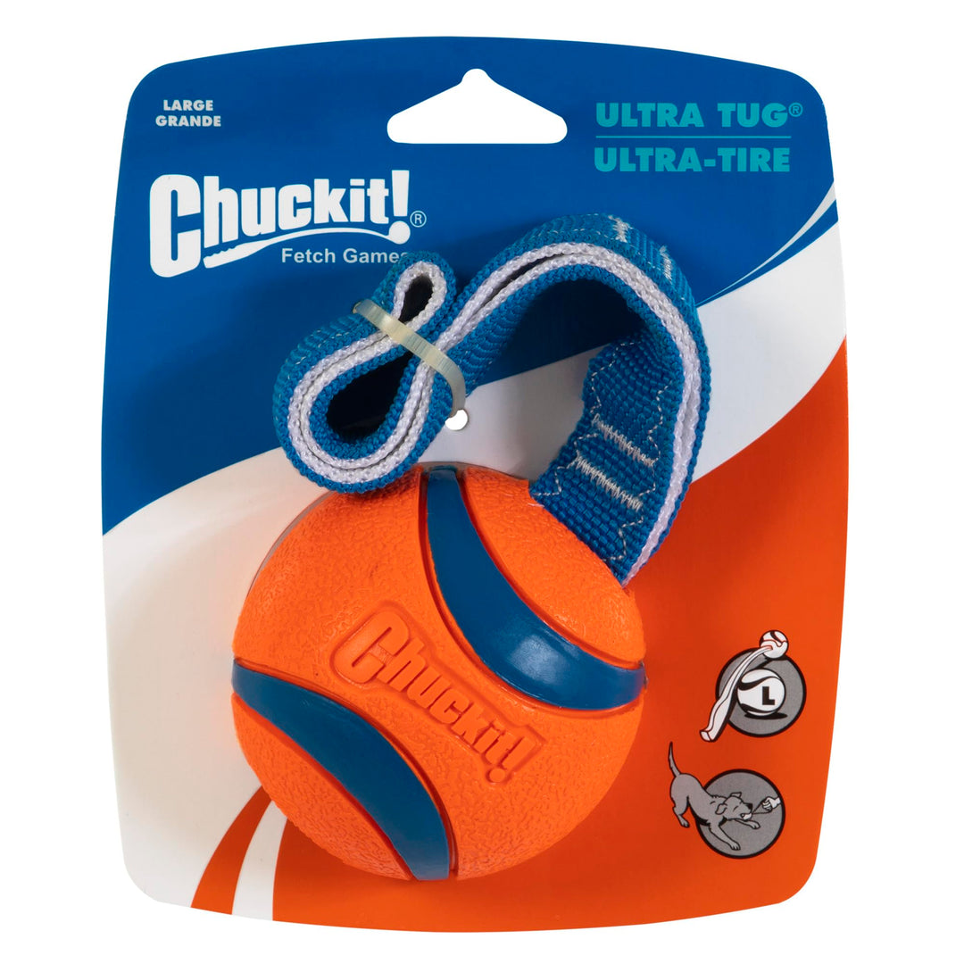 Ultra Tug Dog Toy - Ultra Ball on a Durable Nylon Cord Handle - Fetch and Tug-of-War Toy for Dogs - Size Large - For Breeds 60-100 lbs - 3-inch Diameter - Orange and Blue