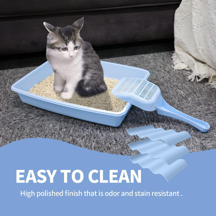 Kitty Litter Box Set Includes 4-Pieces - Shallow Cat Litter Pan, Cat Litter Scooper, Cat Bowls, Cat Mouse Toy, 14.5x10.5 Inches, Blue