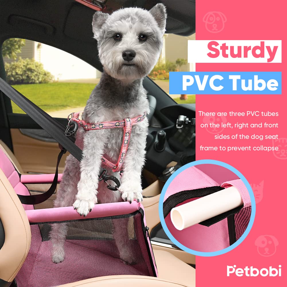 Pet Reinforce Car Booster Seat for Dog Cat Portable and Breathable Bag with Seat Belt Dog Carrier Safety Stable for Travel Look Out,with Clip on Leash with PVC Tube, Pink