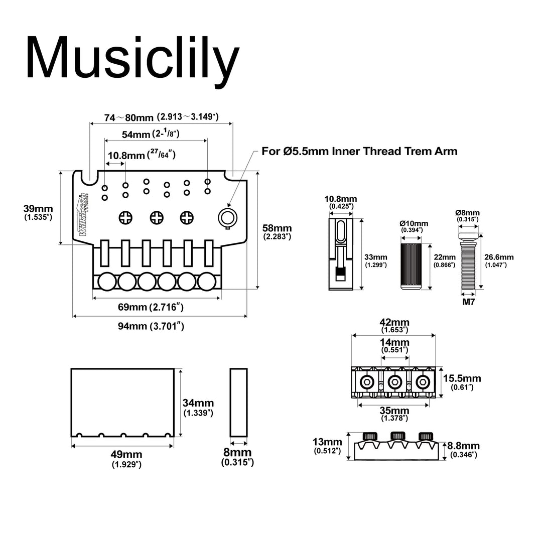 53.5mm (2-7/64 inch) String Spacing FR Style Double Locking Tremolo System Vibrato Bridge for Electric Guitar, Chrome