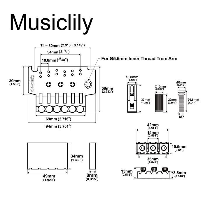 53.5mm (2-7/64 inch) String Spacing FR Style Double Locking Tremolo System Vibrato Bridge for Electric Guitar, Chrome