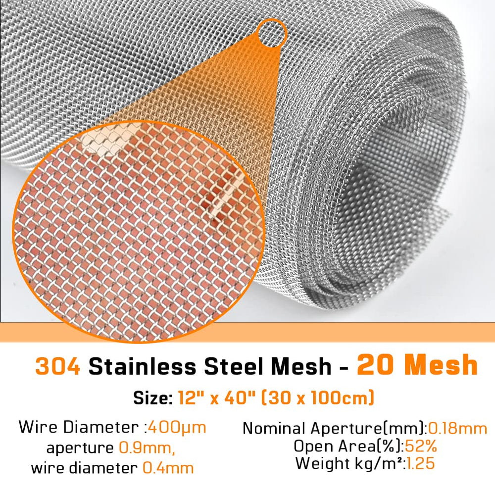 304 Stainless Steel Wire Mesh Screen 20 Mesh 12X40(30x100cm) Cabinets Wire Mesh Air Vent Mesh Roll for Air Vent, Security Window Screen Mesh