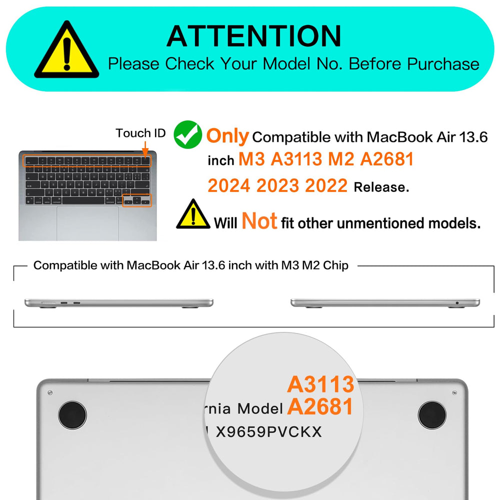 Compatible with MacBook Air 13 inch Case 2024 2023 2022 Release M3 A3113 M2 A2681 with Touch ID, Protective Plastic Hard Shell Cover Compatible with MacBook Air 13.6 inch Case, Frost