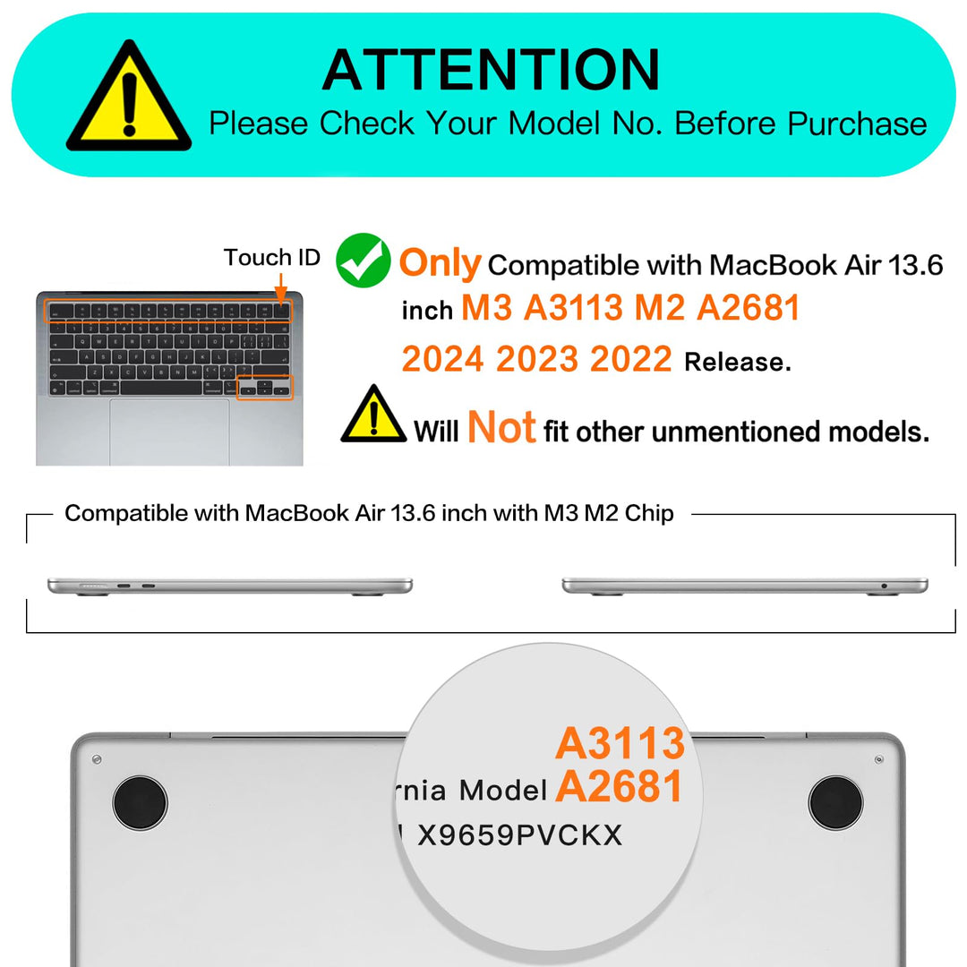 Compatible with MacBook Air 13 inch Case 2024 2023 2022 Release M3 A3113 M2 A2681 with Touch ID, Protective Plastic Hard Shell Cover Compatible with MacBook Air 13.6 inch Case, Frost