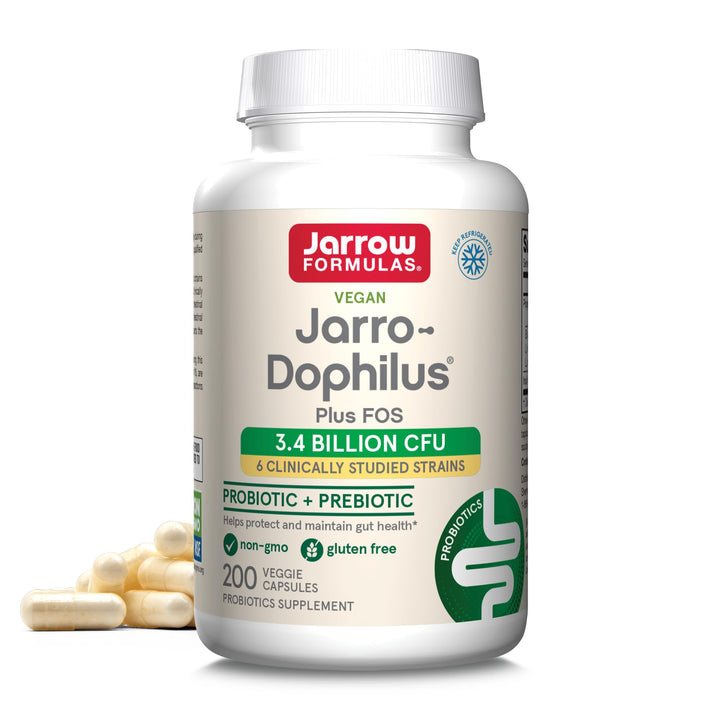 Jarro-Dophilus + FOS - 3.4 Billion CFU Per Serving - Prebiotic & Probiotics Supplement for Immune & Intestine Support - Up to 200 Servings (Veggie Capsules)