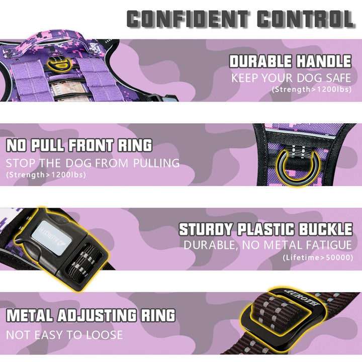 Auroth Tactical Dog Harness for Small Medium Large Dogs No Pull Adjustable Pet Harness Reflective K9 Working Training Easy Control Pet Vest Military Service Dog Harnesses (L, Purple Camo)