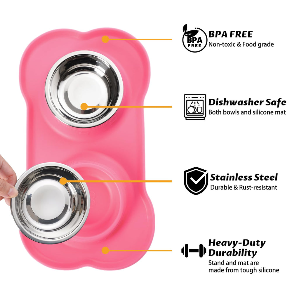 Pet Dog Bowls 2 Stainless Steel Dog Bowl with No Spill Non-Skid Silicone Mat + Pet Food Scoop Water and Food Feeder Bowls for Feeding Small Medium Large Dogs Cats Puppies (S, Pink)