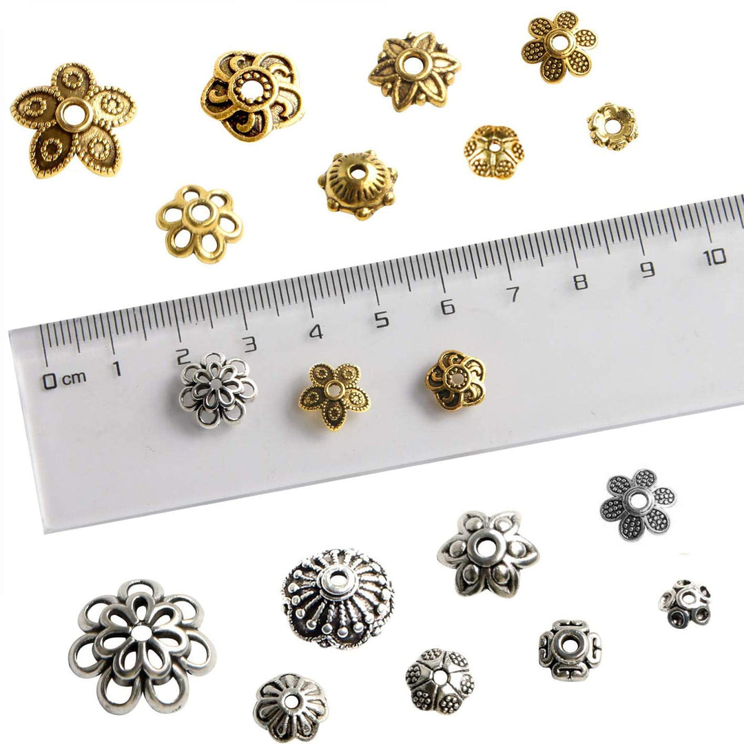About 160Pcs Spacer Beads Caps, Bali Style Mixed Tibetan Silver and Antique Gold Flower Bead Caps for Bracelet Necklace Earrings Jewelry Making Supplies