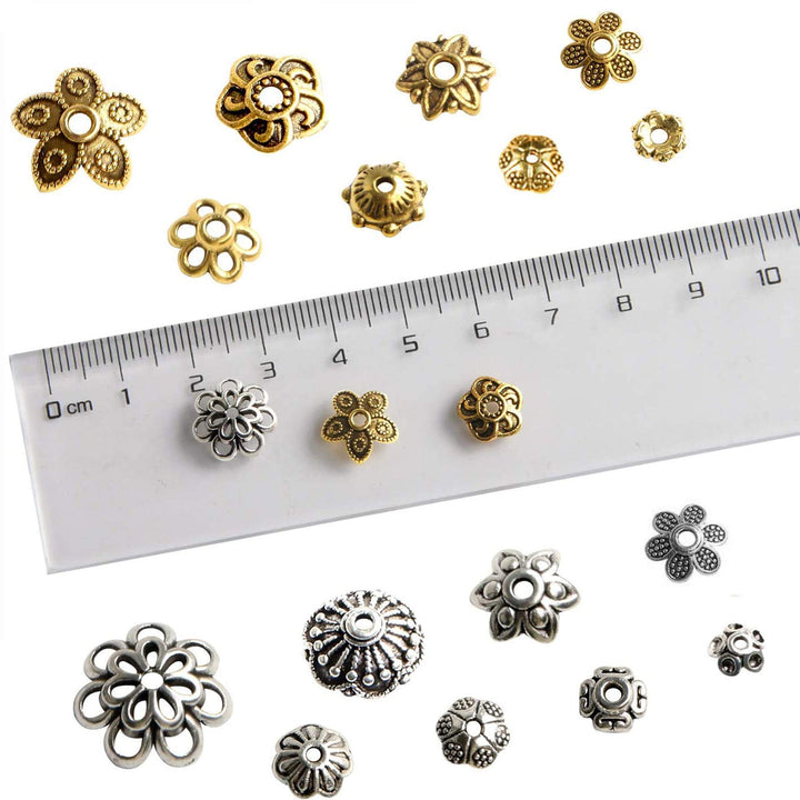 About 160Pcs Spacer Beads Caps, Bali Style Mixed Tibetan Silver and Antique Gold Flower Bead Caps for Bracelet Necklace Earrings Jewelry Making Supplies