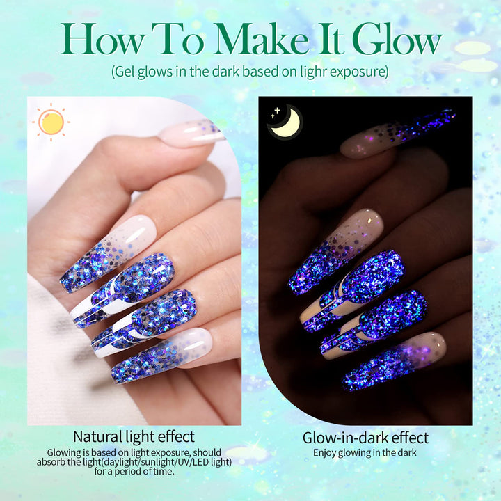 Glitter Gel Nail Polish Halloween Glow in The Dark Luminous Nail Polish Sparkly Shiny Gel Polish Kit with Nail Brush Soak Off Nail Polish Home DIY Manicure Varnish Halloween's Gift