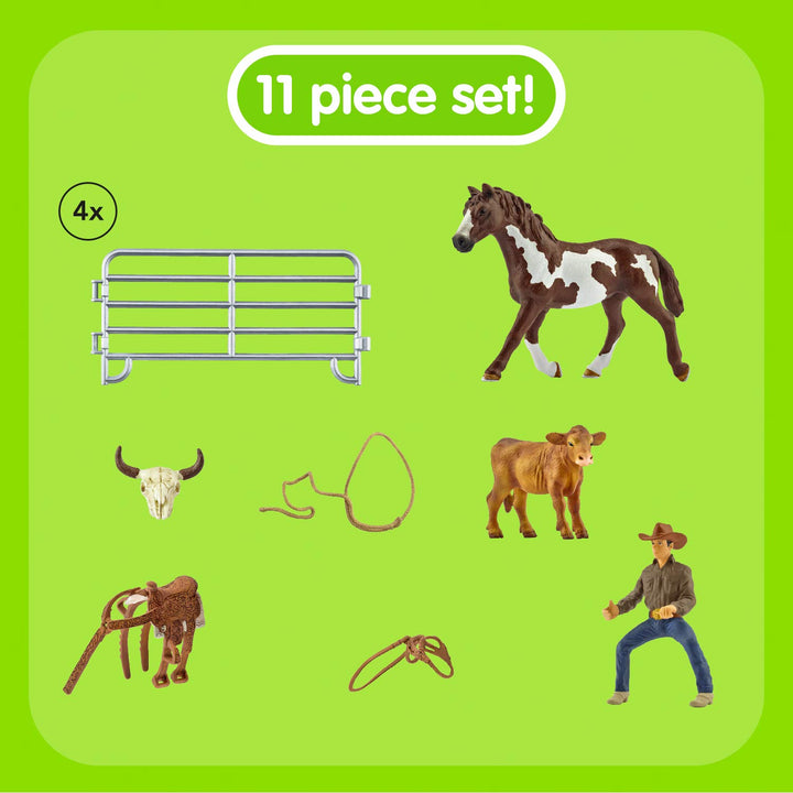 Farm World, Rodeo Toys for Kids, Team Roping with Cowboy, Cow, and Horse, 11-piece set, Ages 3+