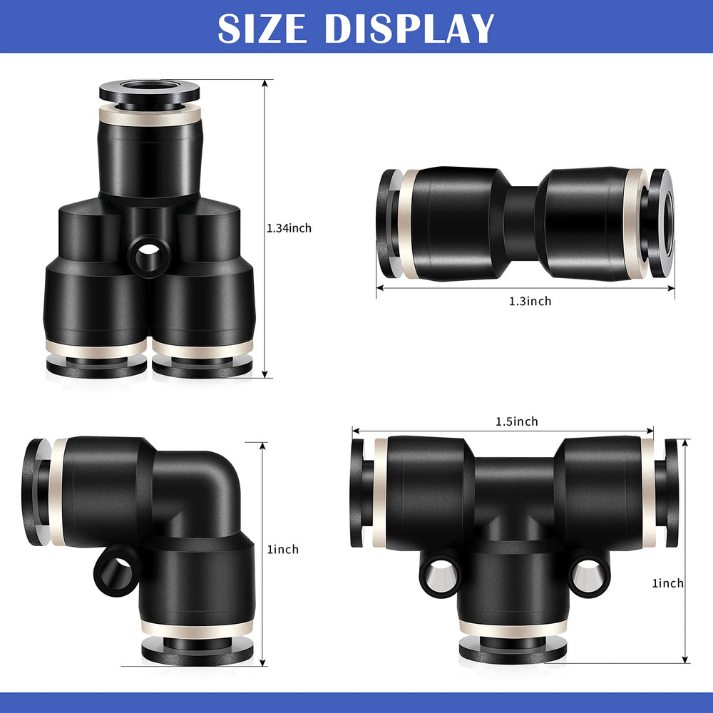 Push to Connect Fittings Air Line Pneumatic Fittings Kit 60 Pieces Quick Release Pneumatic Connectors 15 Splitters 15 Elbows 15 Tee 15 Straight Tubes (Black,1/4 Inch Od)