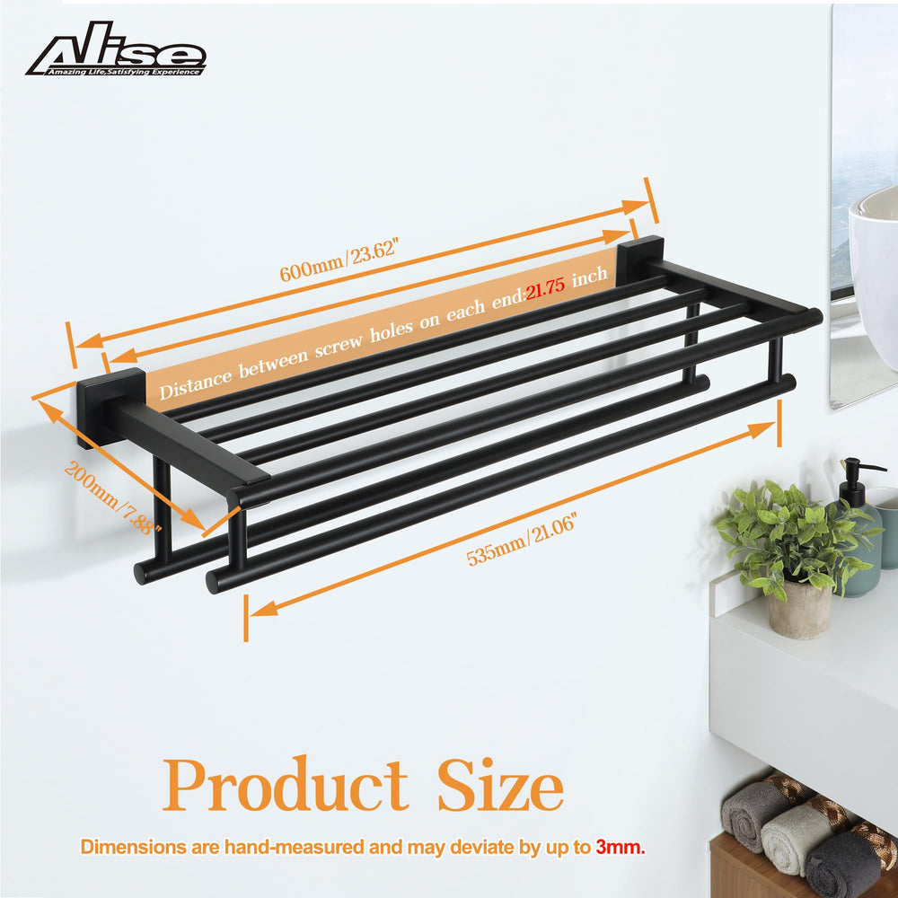 Towel Rack for Bathroom and Lavatory,24 Inch Tower Holder Towel Hanger with Double Towel Bars for Bath Wall,Wall Mount SUS304 Stainless Steel Tower Shelf Matte Black,GZ8000-B
