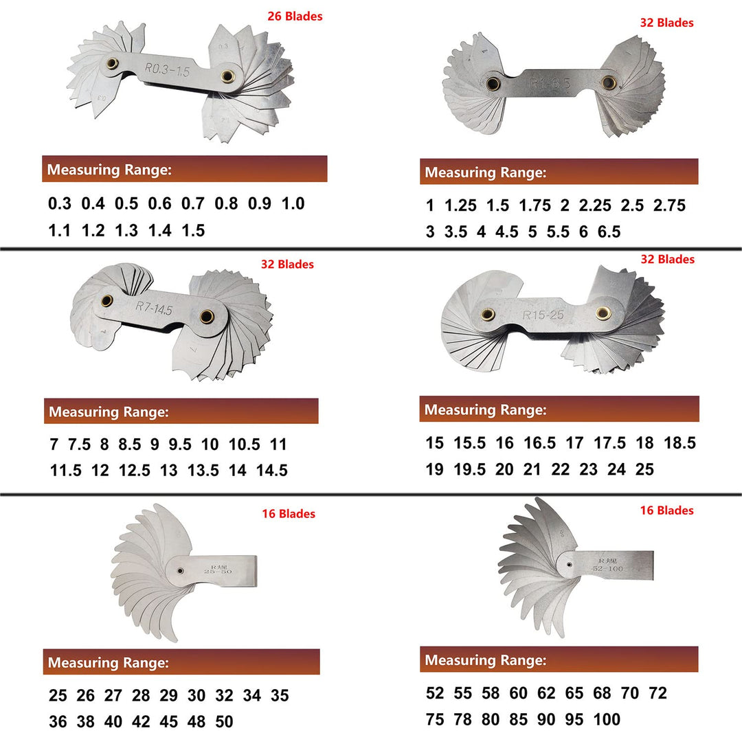 6 Pack R0.3-1.5/ R1-6.5/ R7-14.5/ R15-25/ R25-50/ R52-100 Radius Gauge Set, Stainless Steel Radius Fillet Gage Portable Concave Convex Measuring Tool for Tool and Die Makers Check