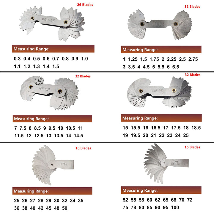 6 Pack R0.3-1.5/ R1-6.5/ R7-14.5/ R15-25/ R25-50/ R52-100 Radius Gauge Set, Stainless Steel Radius Fillet Gage Portable Concave Convex Measuring Tool for Tool and Die Makers Check