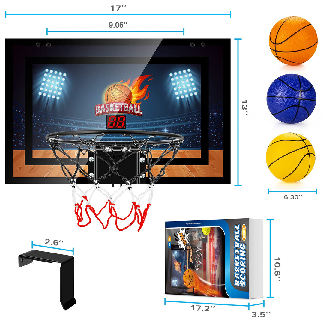 Basketball Hoop Indoor, Basketball Mini Hoop Pro Basketball Hoop Over The Door with Cool LED Lights, Boys Gifts Basketball Toys Gifts Room Accessories for Teen Boys 8-12