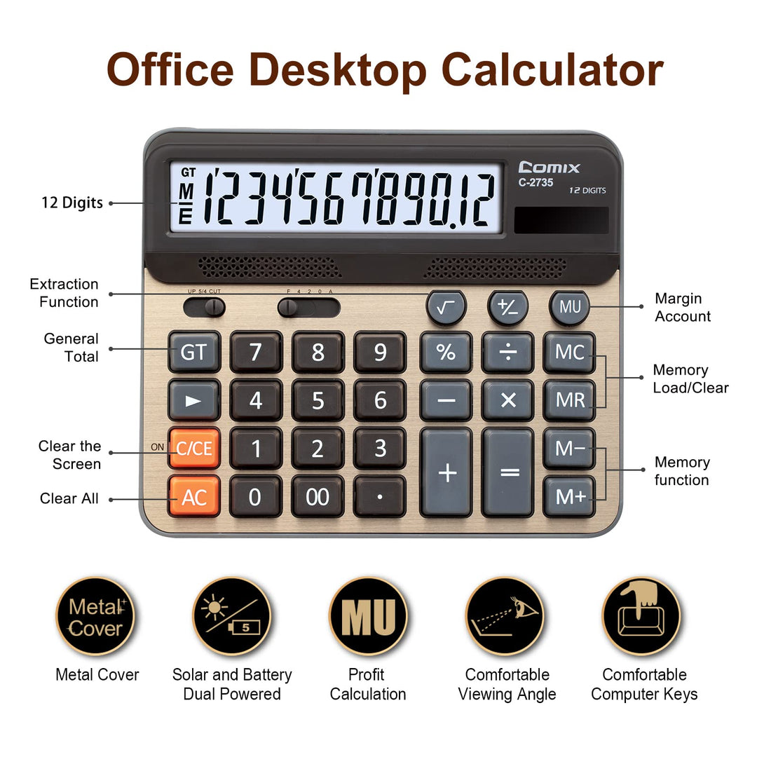 Desktop Calculator, Large Computer Keys, 12 Digits Display, Champaign Gold Color Panel, C-2735