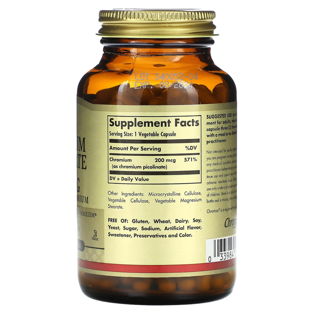 Solgar Chromium Picolinate 200 mcg, 180 Vegetable Capsules - Supports Healthy Blood Sugar Metabolism - Non-GMO, Vegan, Gluten Free, Dairy Free, Kosher - 180 Servings