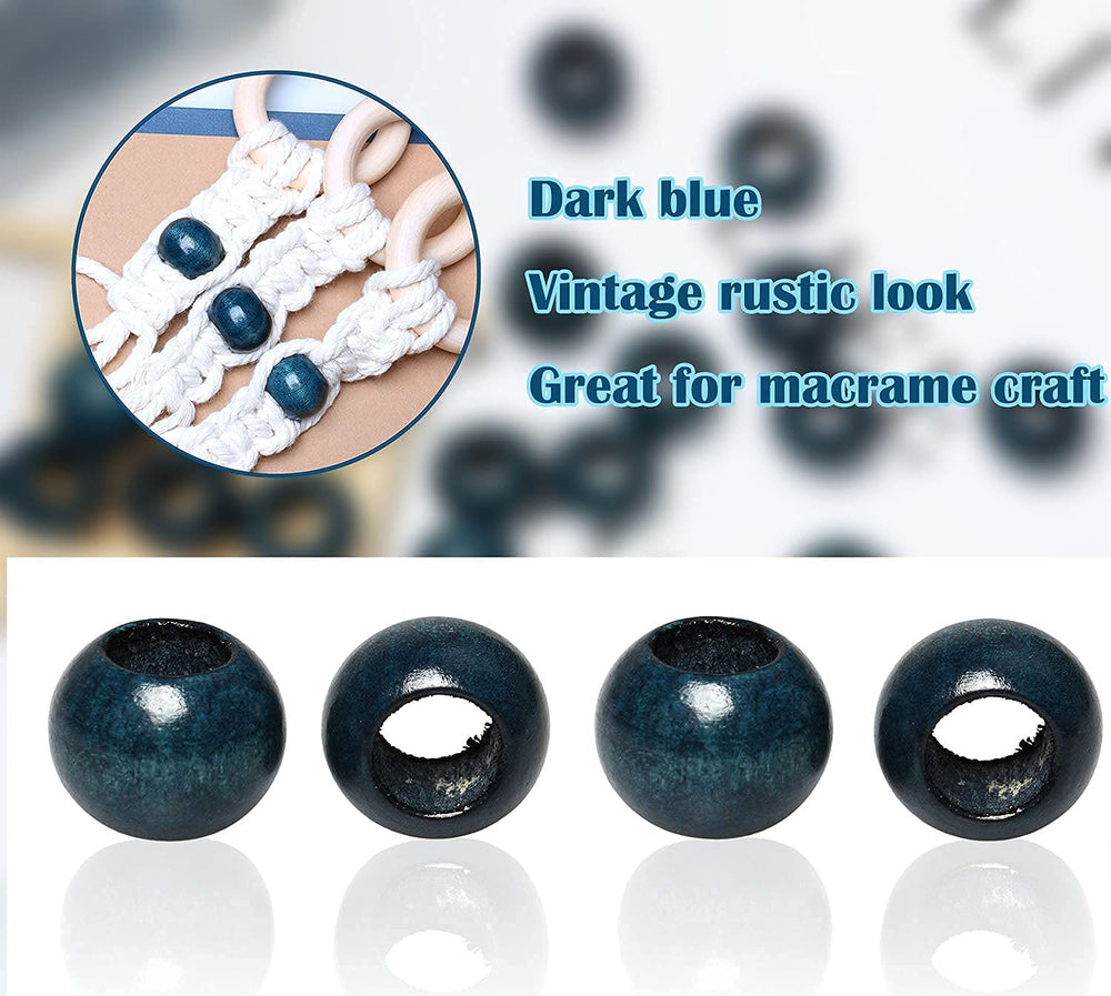 20mm Wooden Beads Macrame Beads with 10mm Large Hole Wood Macrame Beads Round Spacer Loose Beads Bulk for Jewelry Making Garland Decor Home Wall Hanging Craft (Blue)
