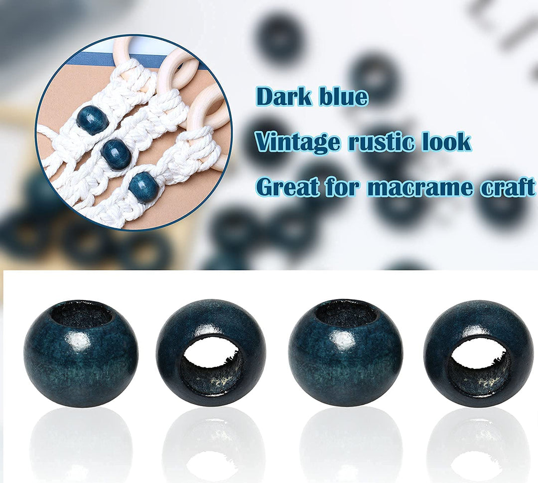 20mm Wooden Beads Macrame Beads with 10mm Large Hole Wood Macrame Beads Round Spacer Loose Beads Bulk for Jewelry Making Garland Decor Home Wall Hanging Craft (Blue)