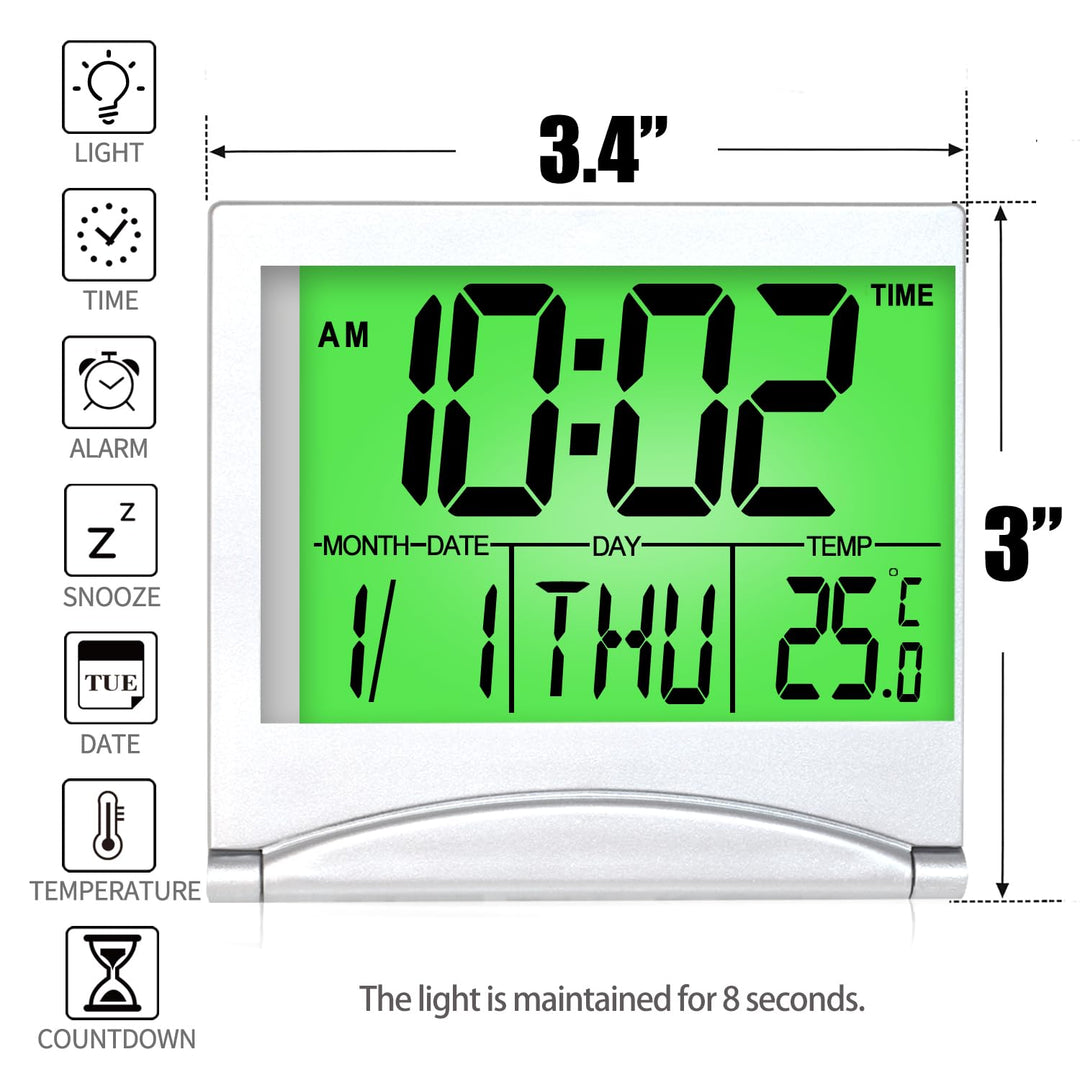 Digital Travel Alarm Clock with Backlight - Foldable Calendar Temperature Timer LCD Clock with Snooze Mode - Large Number Display, Battery Operated - Compact Desk Clock