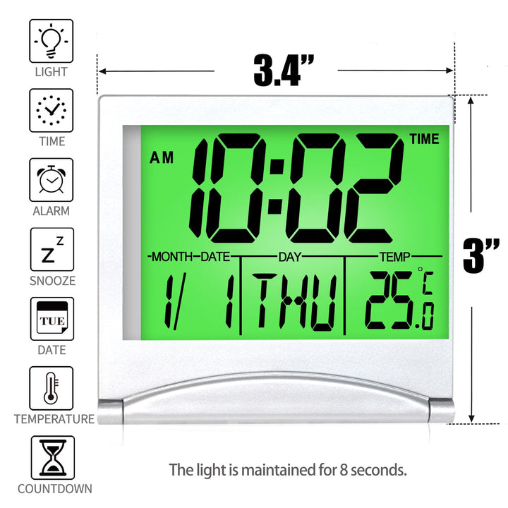 Digital Travel Alarm Clock with Backlight - Foldable Calendar Temperature Timer LCD Clock with Snooze Mode - Large Number Display, Battery Operated - Compact Desk Clock