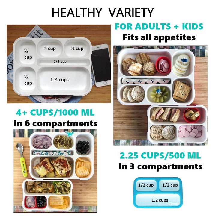 Bento Lunch Box and Snack Container Value Set| Meal Planning Portion Containers For Kids or Adults, School or Work | BPA Free | Microwave Safe | Utensils | 4 pack, Large and Mini, Blue + Navy