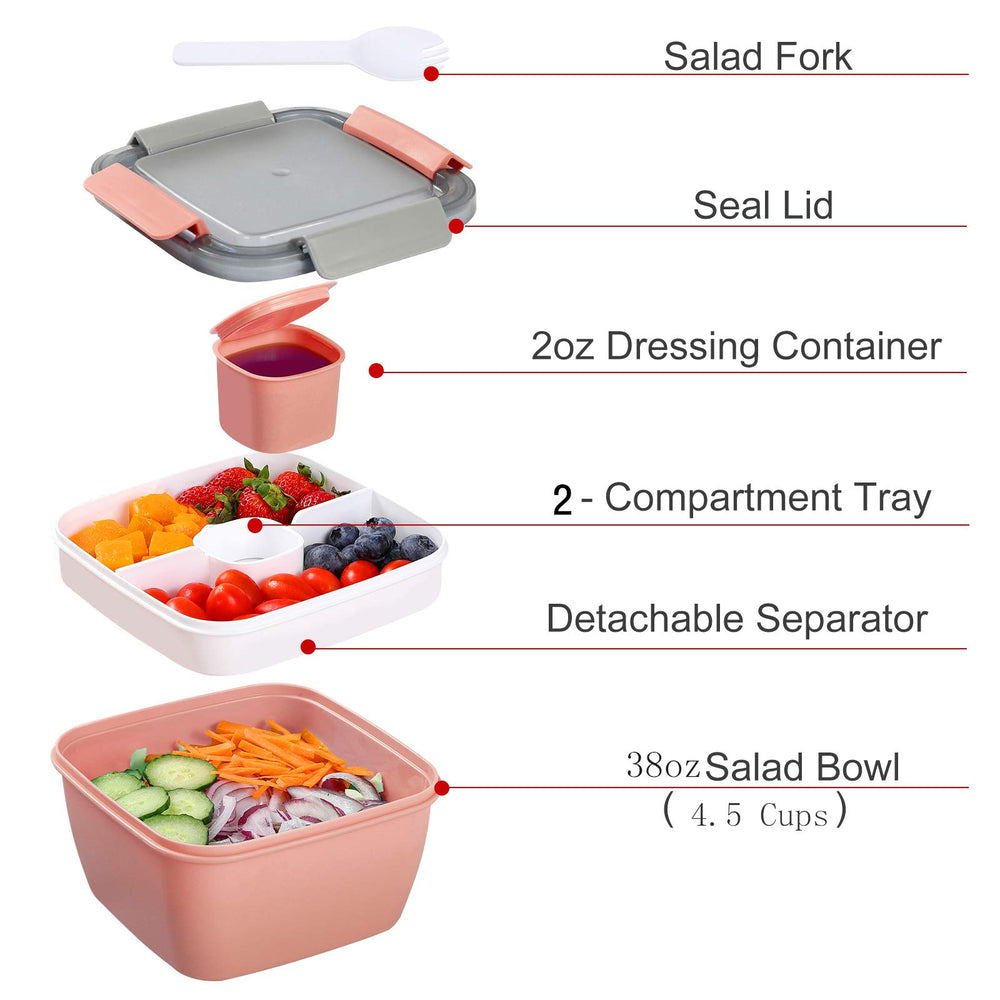 Portable Salad Lunch Container - 38 Oz Salad Bowl - 2 Compartments with Dressing Cup, Large Bento Boxes, Meal Prep to go Containers for Food Fruit Snack