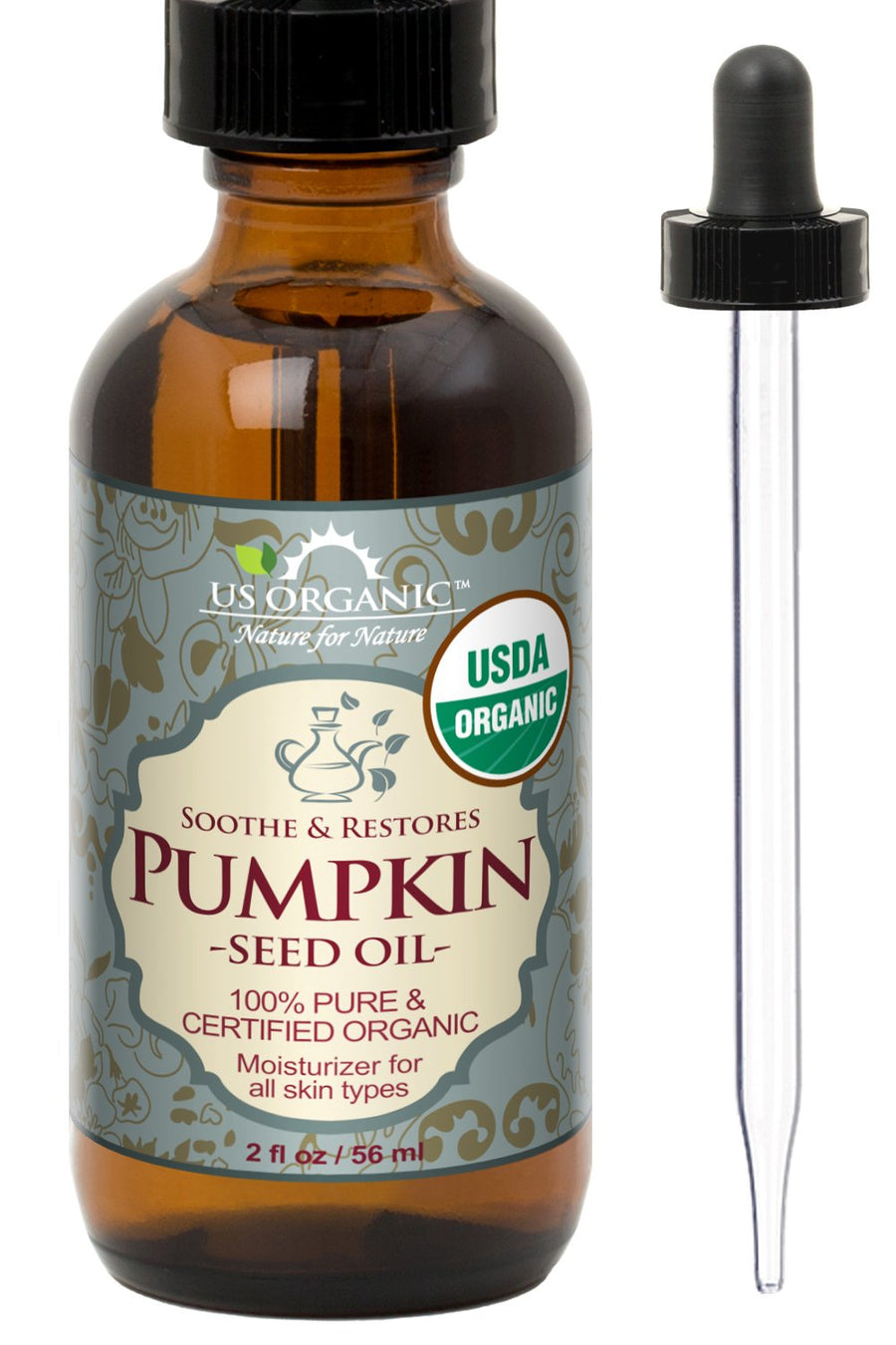 Pumpkin Seed Oil, USDA Certified Organic, Pure, Natural, Cold Pressed Virgin, Unrefined in Amber Glass Bottle w/Glass Eyedropper (Small (2 oz, 56 ml))