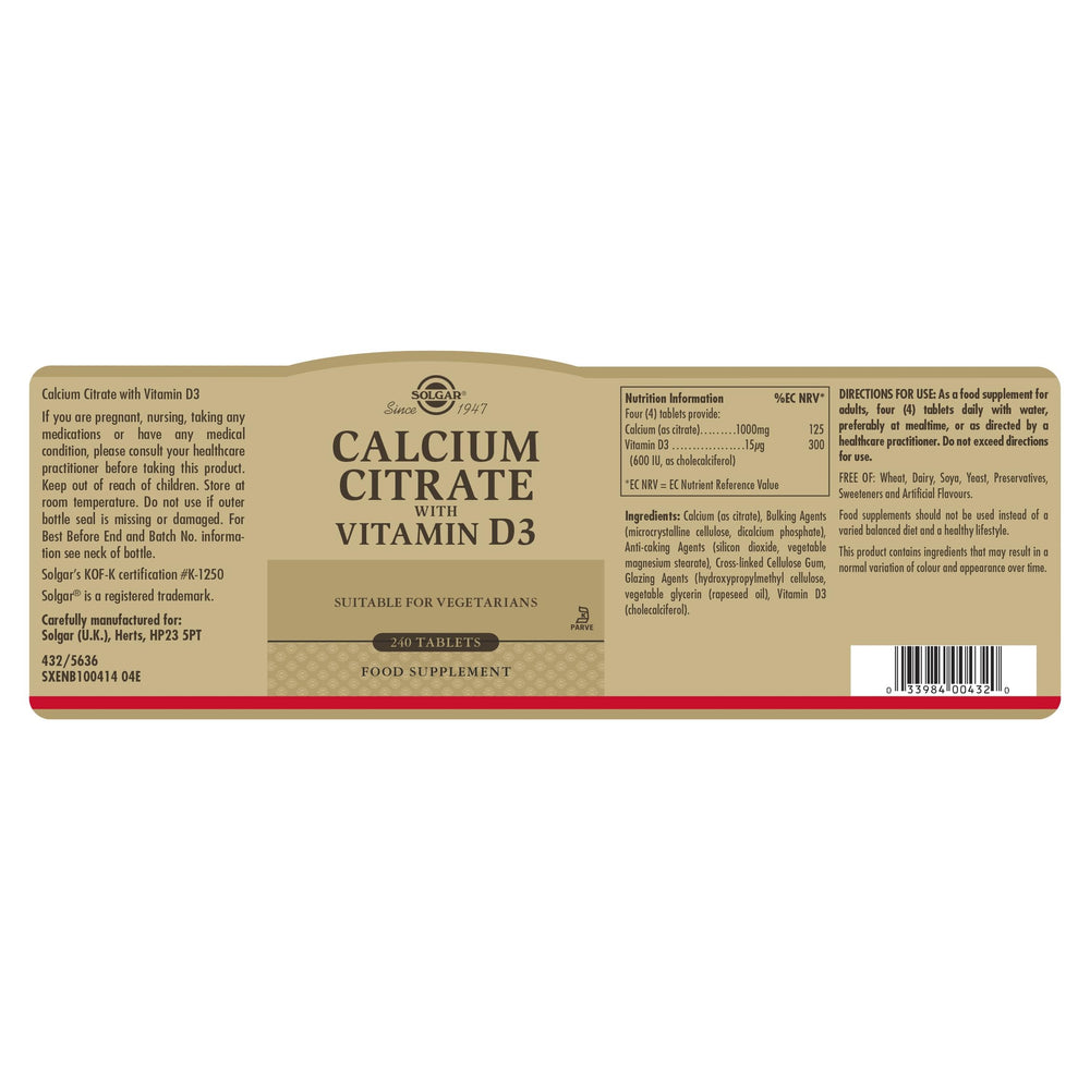 Solgar Calcium Citrate with Vitamin D3 Tablets, 240 Count (Pack of 1)