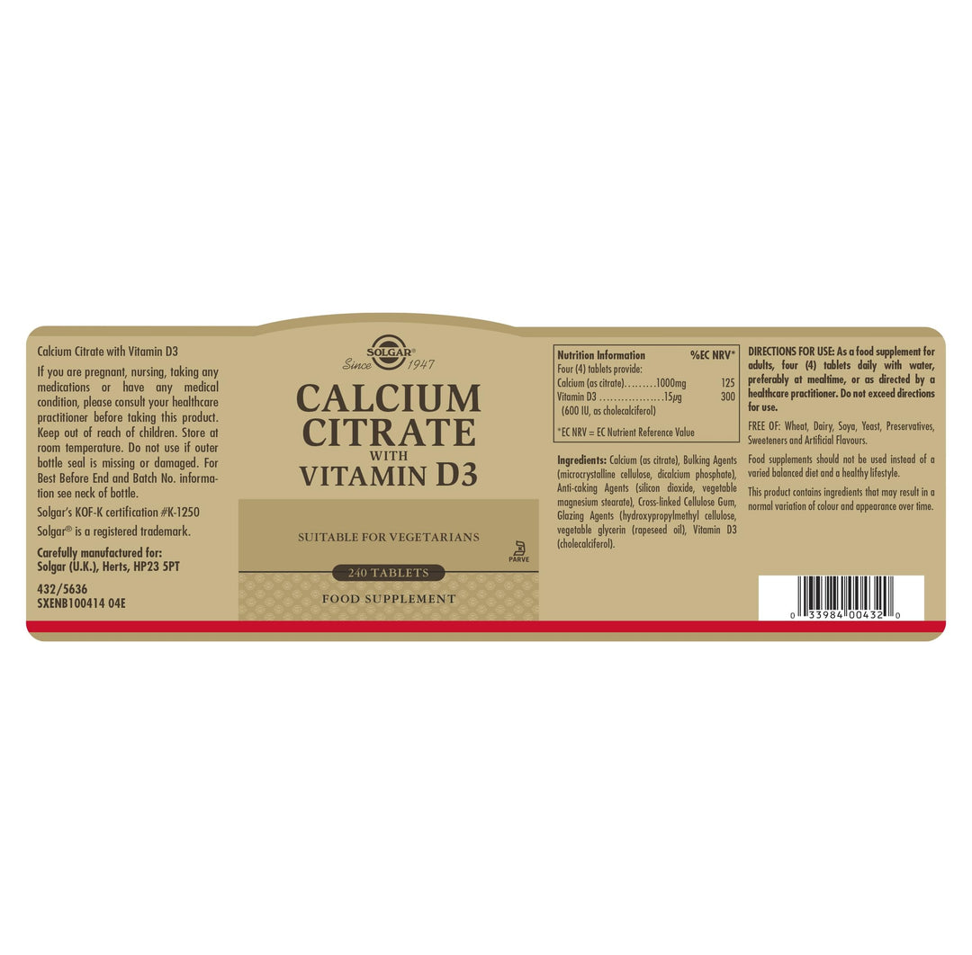 Solgar Calcium Citrate with Vitamin D3 Tablets, 240 Count (Pack of 1)