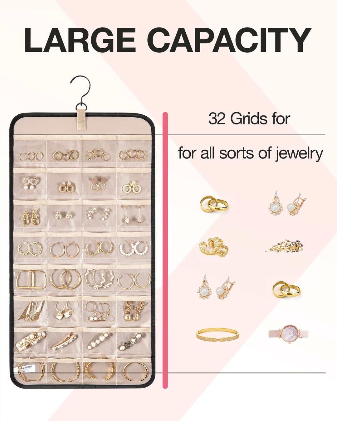 Hanging Jewelry Organizer Storage Roll with Hanger Metal Hooks Double-Sided Jewelry Holder for Earrings, Necklaces, Rings on Closet, Wall, Door, 1 piece, Medium, Black