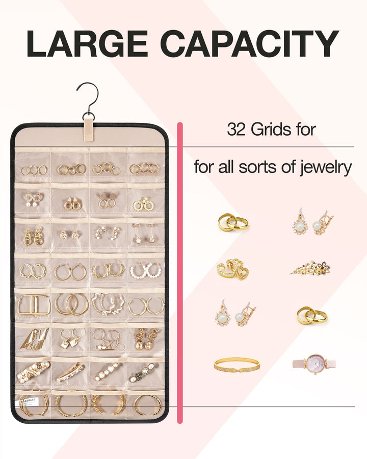Hanging Jewelry Organizer Storage Roll with Hanger Metal Hooks Double-Sided Jewelry Holder for Earrings, Necklaces, Rings on Closet, Wall, Door, 1 piece, Medium, Black