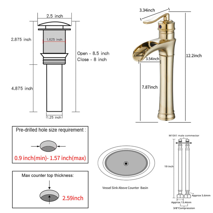 Brushed Gold Bathroom Faucet Waterfall Bathroom Faucet Single Handle One Hole Tall Body Farmhouse Bathroom Vessel Sink Faucet Vanity Faucet Matching with Pop Up Drain
