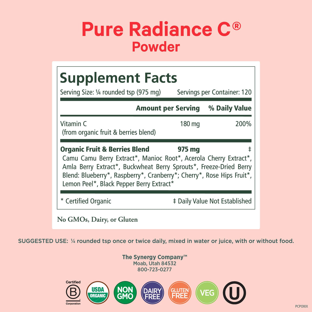 Pure Synergy Pure Radiance C | Organic Vitamin C Powder | 100% Natural, Whole Food, Non-GMO Supplement with Camu Camu Extract | for Immune and Collagen Support (4 oz Powder)