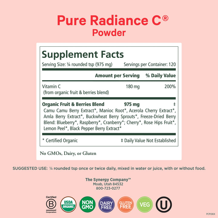 Pure Synergy Pure Radiance C | Organic Vitamin C Powder | 100% Natural, Whole Food, Non-GMO Supplement with Camu Camu Extract | for Immune and Collagen Support (4 oz Powder)