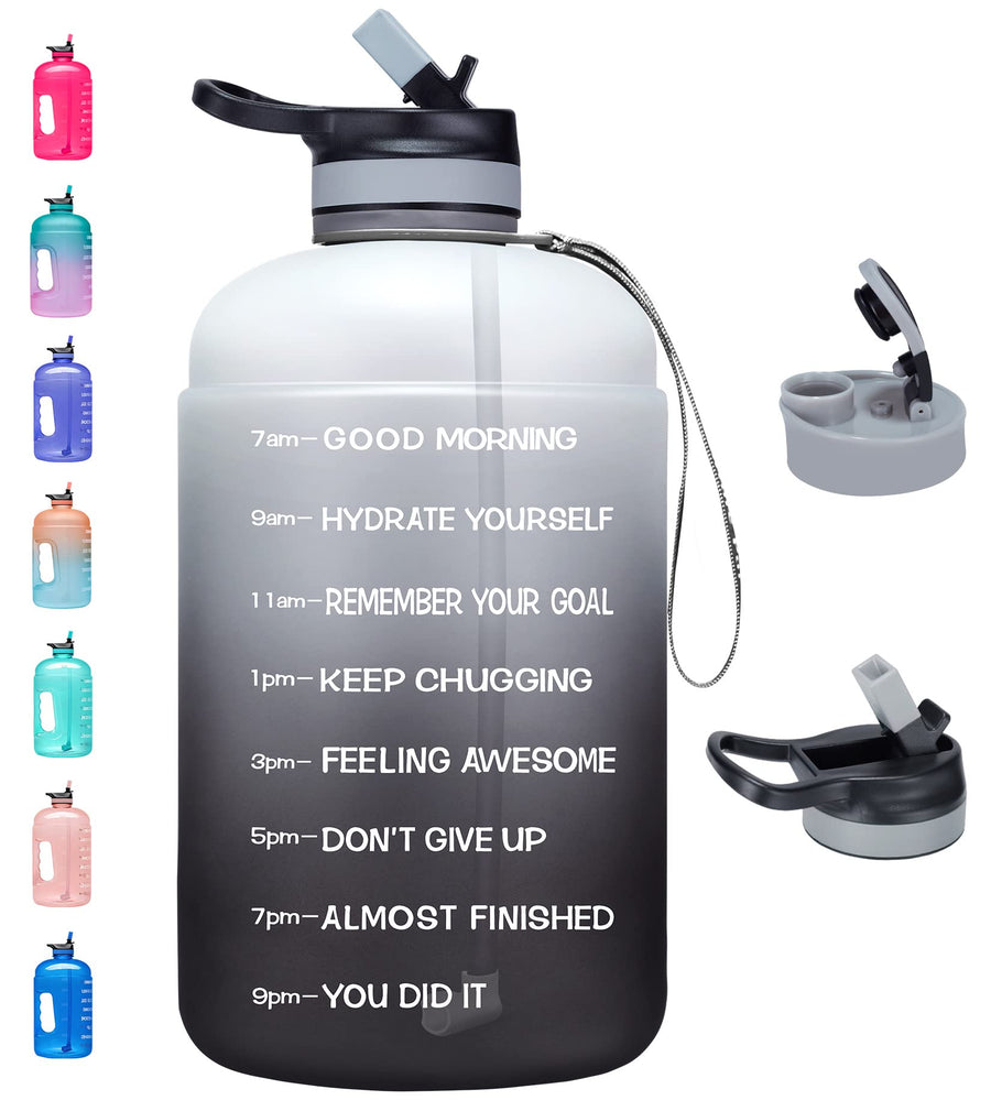 Half Gallon Water Bottle with 2 Lids, Large 64 oz Water Jug with Motivational Time Marker to Ensure You Drink Enough Water-White/Gray Gradient