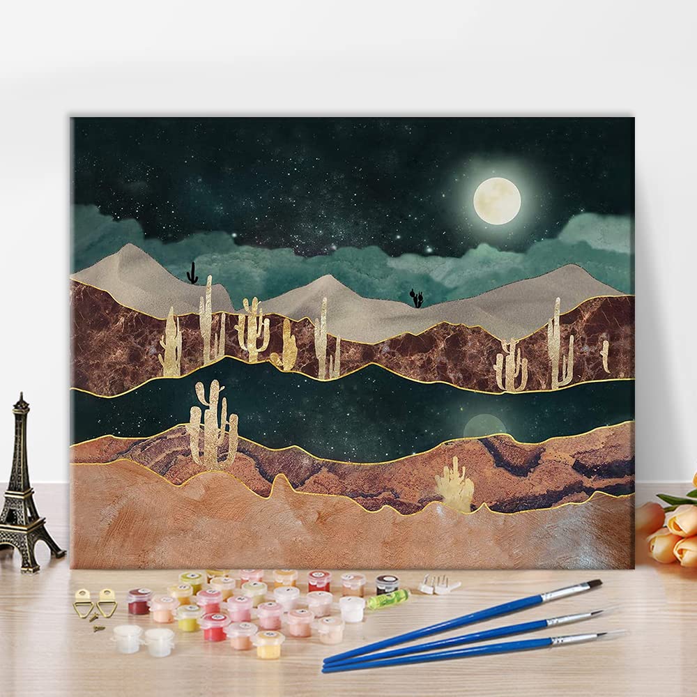 Abstract Mountain and Cactus at Night Oil Painting Kit on Canvas Paint by Numbers for Adults Beginner & Kids with