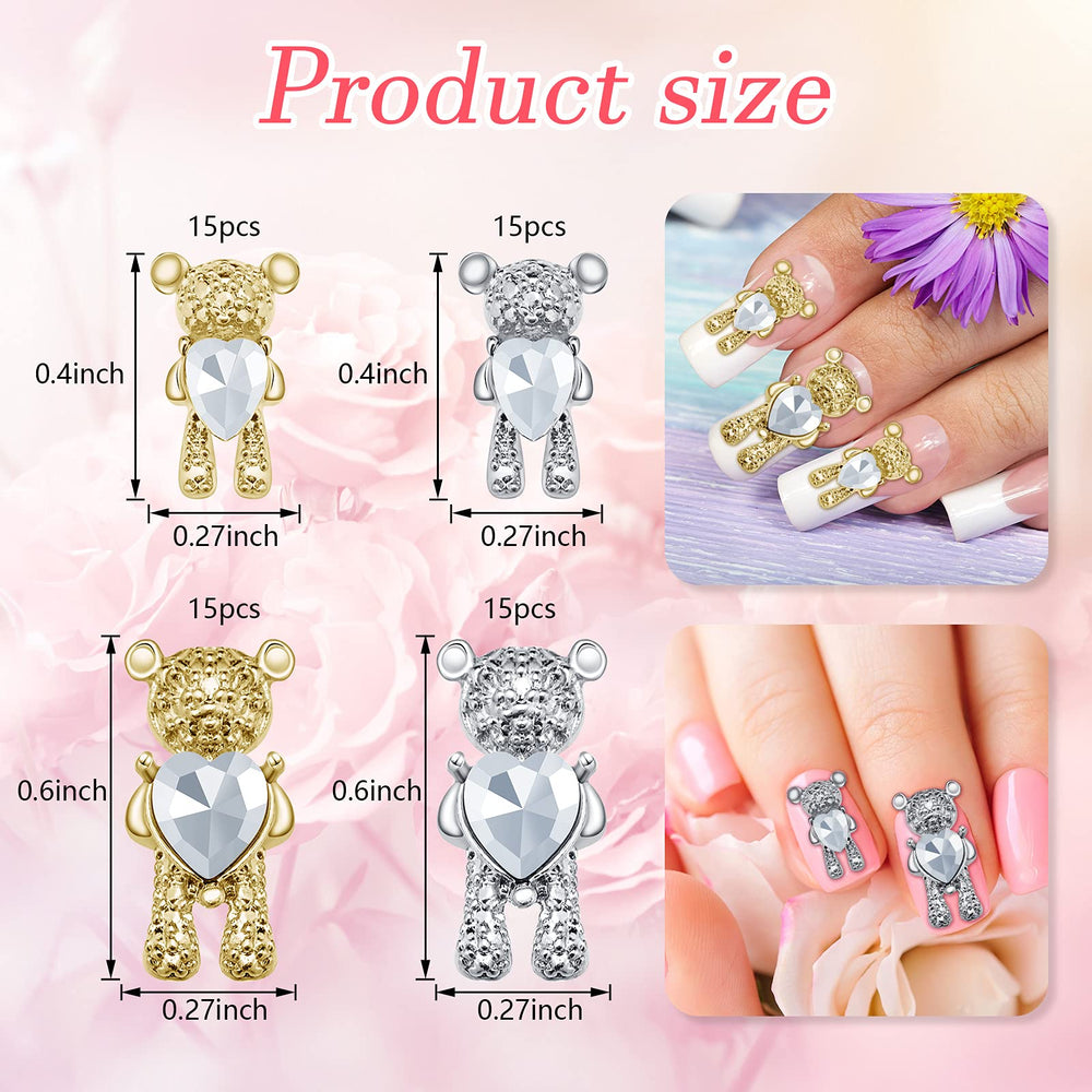 60 Pieces Bear Nail Art Decoration 3D Cute Bear Nail Charm Crystal Bear Shaped Rhinestones Bear Nail Ornaments DIY Bear Nail Design Decoration for Nail Art, DIY Crafts, Manicure Tips Decoration